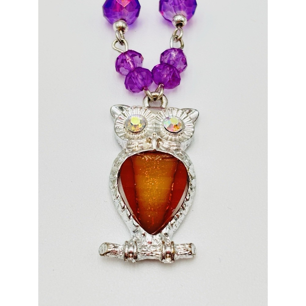 Owl Pendant Necklace Purple Beaded Chain Orange Stone Rhinestone Eyes